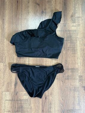 XHILARATION Women’s Black One-Shoulder Ruffle Bikini Set 2-  Piece L